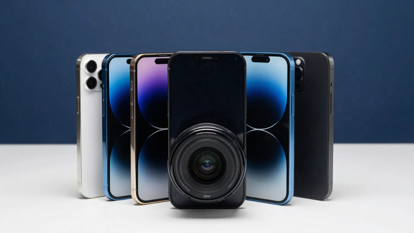 Studio photograph of several modern smartphones standing upright