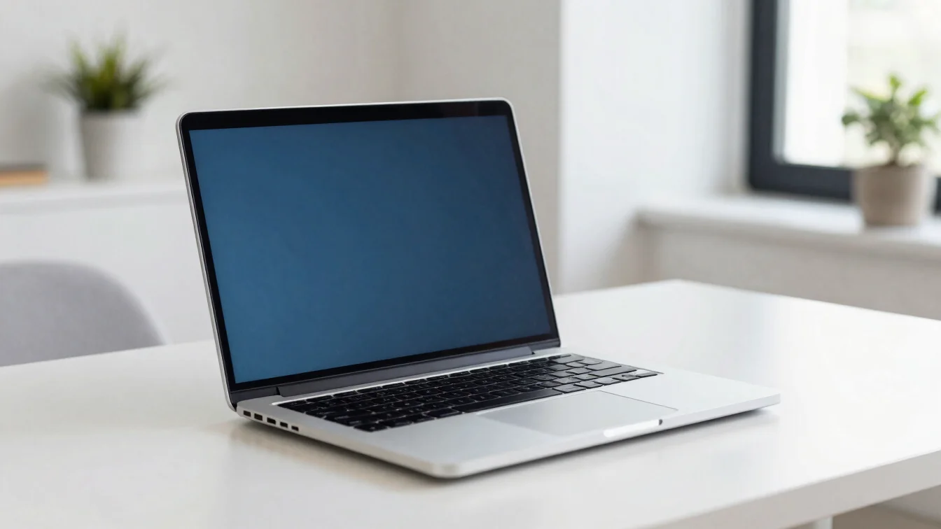 Clean editorial photograph of a slim silver laptop open on a whit