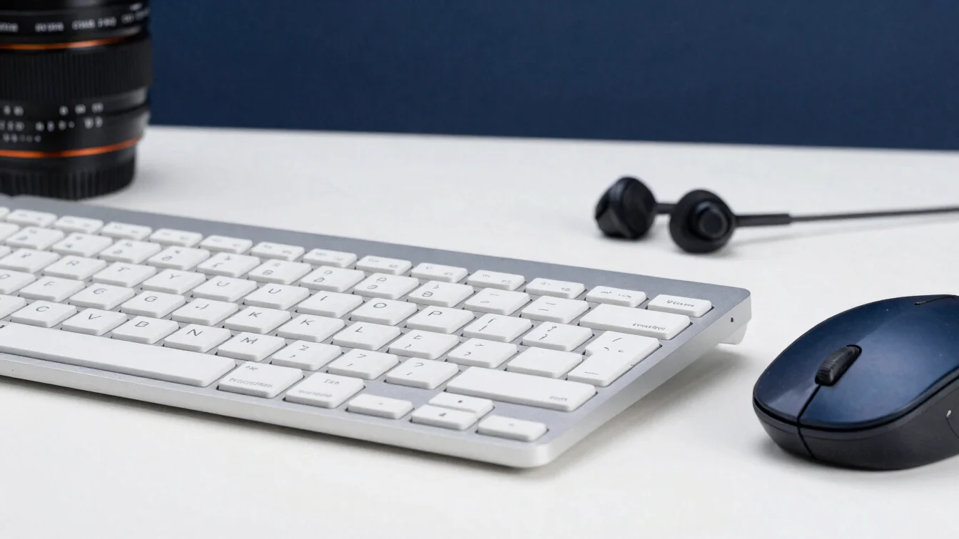 Studio close-up of a wireless keyboard, mouse and earphones arran