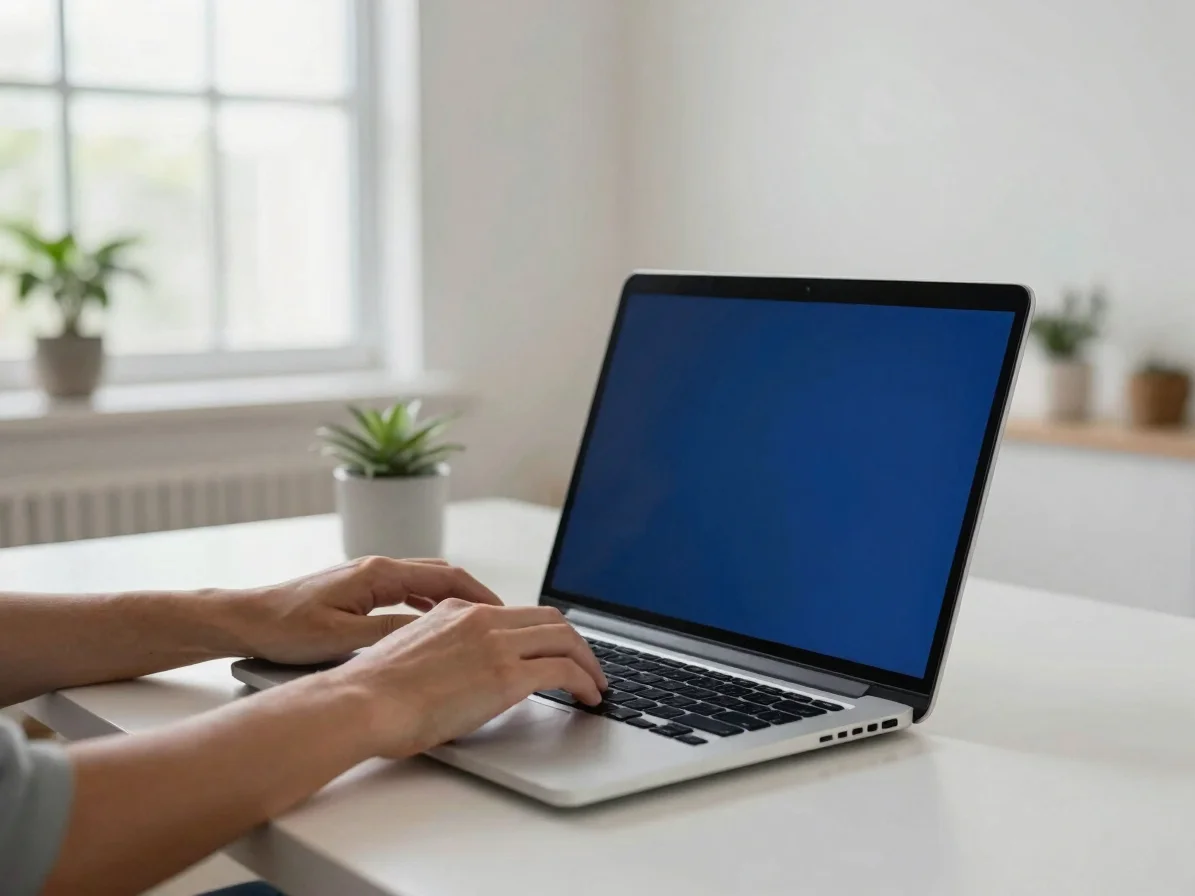 Hands typing on a slim laptop at a contemporary Brazilian home wo