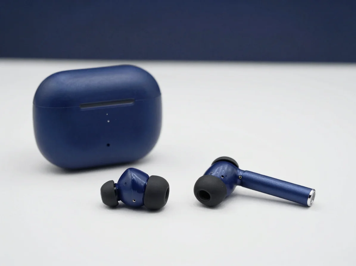 Studio close-up of wireless earphones beside their charging case