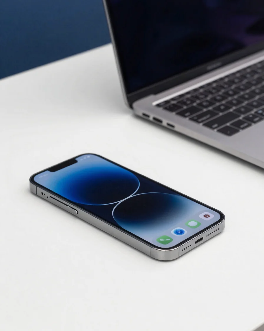 Editorial product photograph of a modern smartphone and a slim la